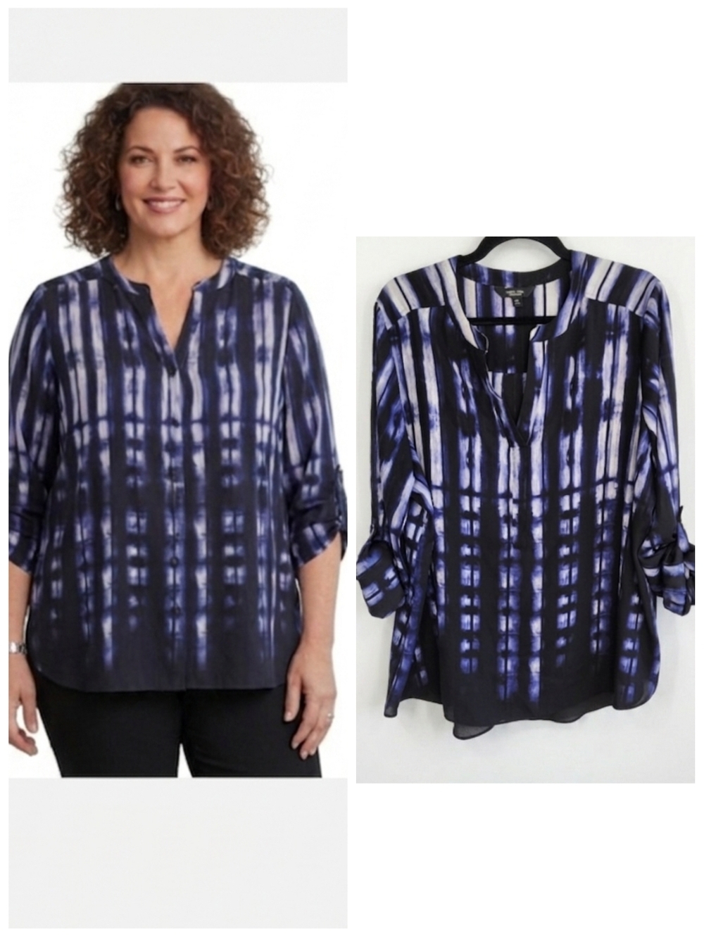 Simply Vera Vera Wang Stylish Blue & Black Roll-tab Blouse Women's Plus Size XXL